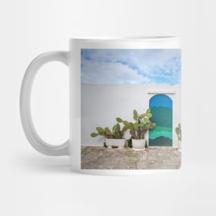 Blue door with cactus and white wall Mug